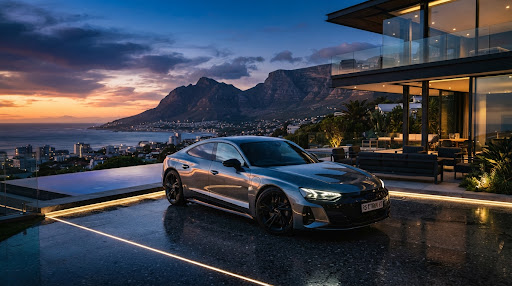 Audi RS e-tron GT parked on Camps Bay luxury villa terrace overlooking Table Mountain
