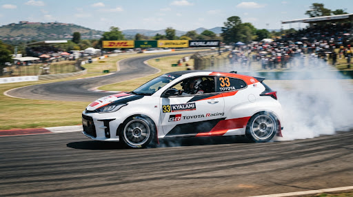 Toyota GR Yaris Rally Edition smoking tires around Kyalami Grand Prix Circuit